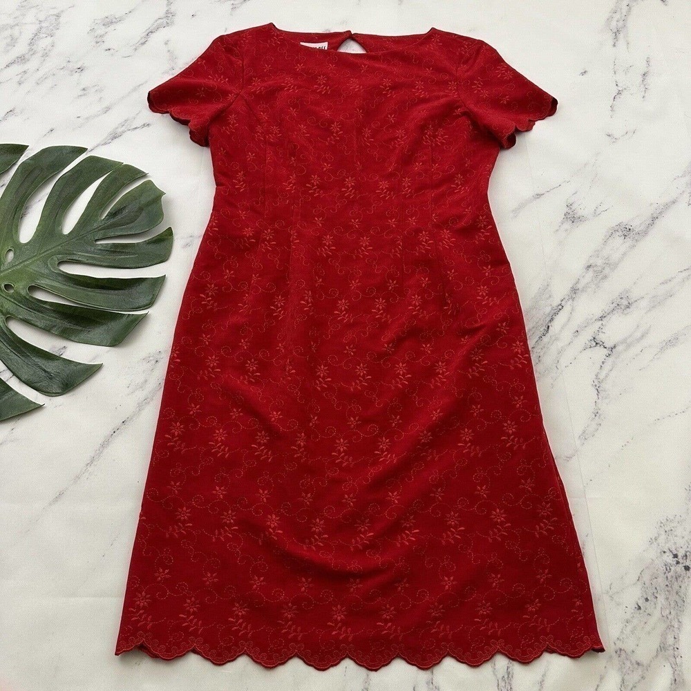 Robbie Bee Womens Vintage 90s Sheath Dress Size 8 Red Floral Embroidered Scallop
